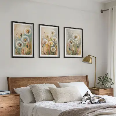 Composição de quadros moderna com flores de dente-de-leão e gramíneas em tons pastel