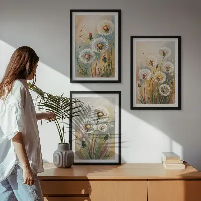 Composição de quadros moderna com flores de dente-de-leão e gramíneas em tons pastel