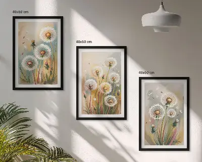 Composição de quadros moderna com flores de dente-de-leão e gramíneas em tons pastel