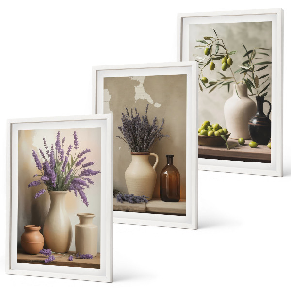 Conjunto de 3 quadros com moldura Flores em vasos, azeitonas, decorações