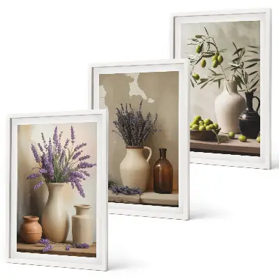 Conjunto de 3 quadros com moldura com estampas de flores em vasos e azeitonas para decoração