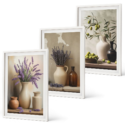Conjunto de 3 quadros com moldura Flores em vasos, azeitonas, decorações