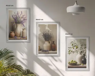 Conjunto de 3 quadros com moldura com estampas de flores em vasos e azeitonas para decoração