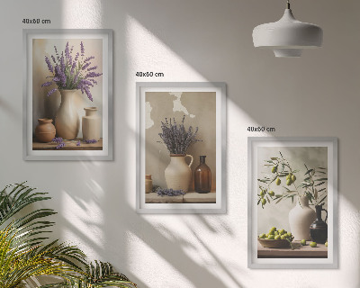 Conjunto de 3 quadros com moldura Flores em vasos, azeitonas, decorações