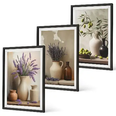 Conjunto de 3 quadros com moldura com estampas de flores em vasos e azeitonas para decoração