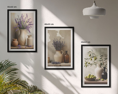 Conjunto de 3 quadros com moldura Flores em vasos, azeitonas, decorações