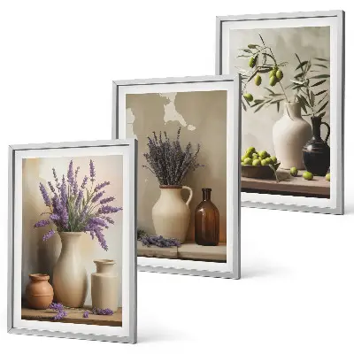 Conjunto de 3 quadros com moldura com estampas de flores em vasos e azeitonas para decoração