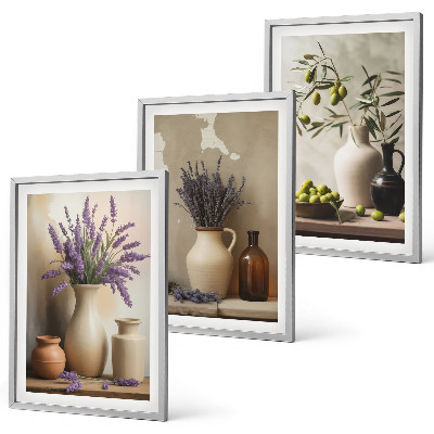 Conjunto de 3 quadros com moldura Flores em vasos, azeitonas, decorações
