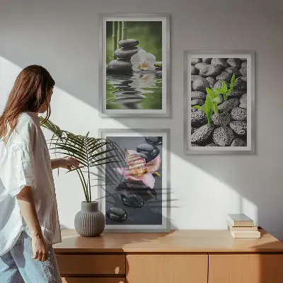 Conjunto de quadros para sala de estar com composição zen serena de flores e água