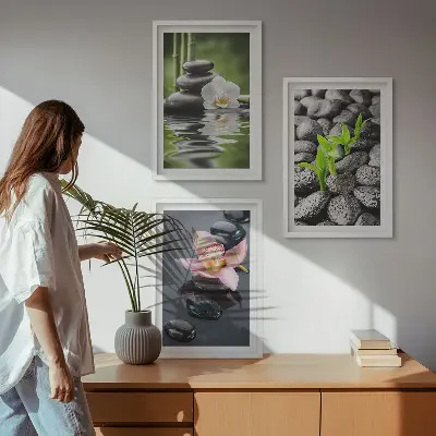 Conjunto de quadros para sala de estar com composição zen serena de flores e água