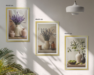 Composição de quadros moderna Vasos de flores de lavanda e azeitonas