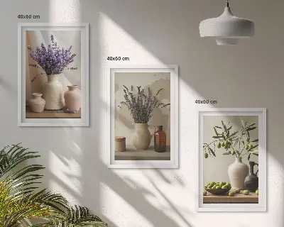 Conjunto de quadros decorativos modernos com vasos de flores de lavanda e azeitonas