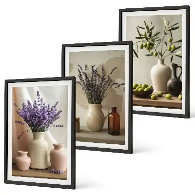 Conjunto de quadros decorativos modernos com vasos de flores de lavanda e azeitonas