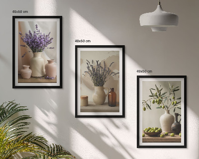 Composição de quadros moderna Vasos de flores de lavanda e azeitonas