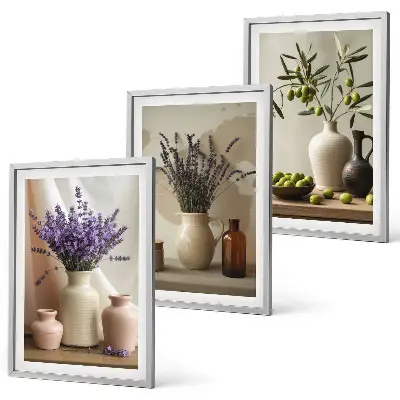 Conjunto de quadros decorativos modernos com vasos de flores de lavanda e azeitonas