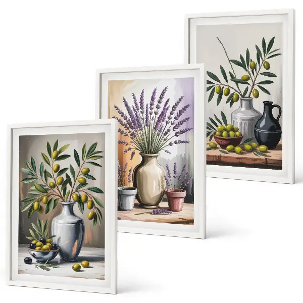 Conjunto de 3 quadros com moldura com estampa de flores de oliveira em vasos