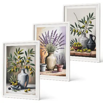 Conjunto de 3 quadros com moldura com estampa de flores de oliveira em vasos