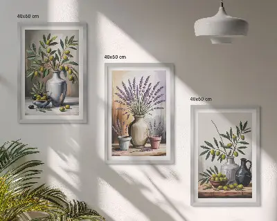 Conjunto de 3 quadros com moldura com estampa de flores de oliveira em vasos