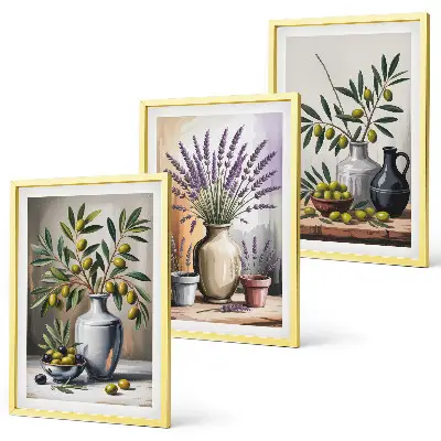 Conjunto de 3 quadros com moldura com estampa de flores de oliveira em vasos