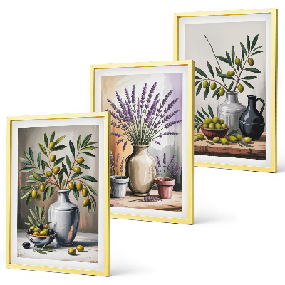Conjunto de 3 quadros com moldura Flores de oliveira em vasos ao fundo