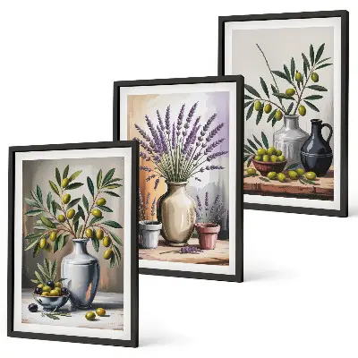 Conjunto de 3 quadros com moldura com estampa de flores de oliveira em vasos
