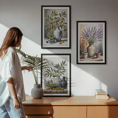 Conjunto de 3 quadros com moldura com estampa de flores de oliveira em vasos