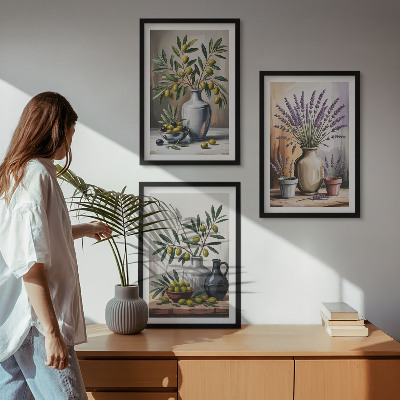 Conjunto de 3 quadros com moldura Flores de oliveira em vasos ao fundo
