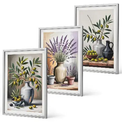 Conjunto de 3 quadros com moldura com estampa de flores de oliveira em vasos