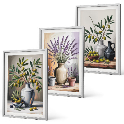 Conjunto de 3 quadros com moldura Flores de oliveira em vasos ao fundo
