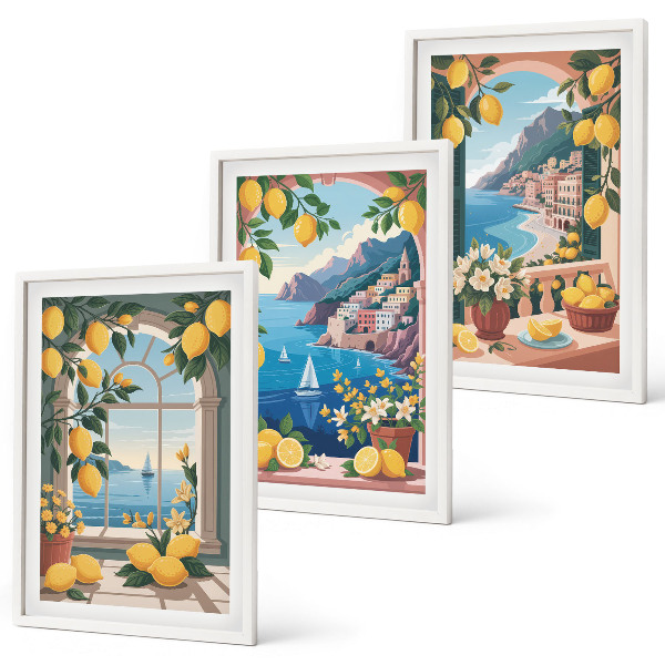 Conjunto de quadros para sala de estar Limões italianos com janela para o mar