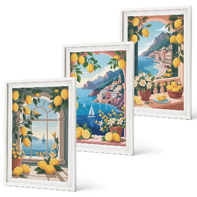 Conjunto de quadros para sala de estar Limões italianos com janela para o mar