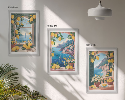Conjunto de quadros para sala de estar Limões italianos com janela para o mar