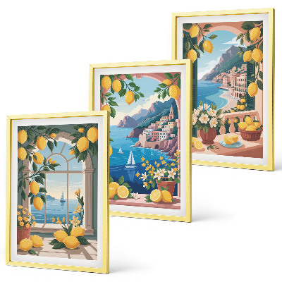 Conjunto de quadros para sala de estar Limões italianos com janela para o mar