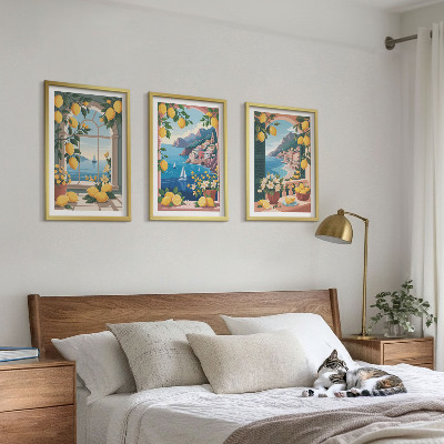 Conjunto de quadros para sala de estar Limões italianos com janela para o mar