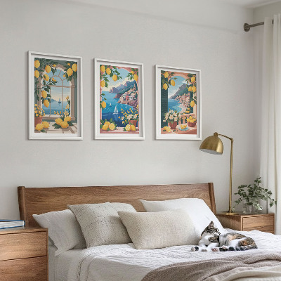 Conjunto de quadros para sala de estar Limões italianos com janela para o mar
