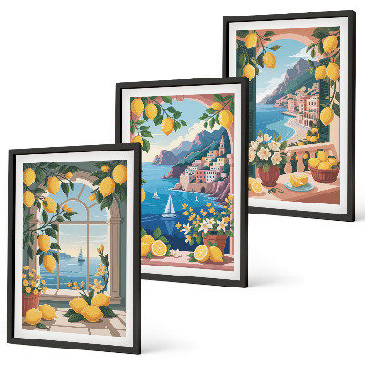 Conjunto de quadros para sala de estar Limões italianos com janela para o mar