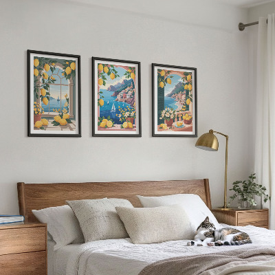 Conjunto de quadros para sala de estar Limões italianos com janela para o mar