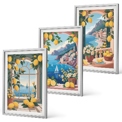 Conjunto de quadros para sala de estar Limões italianos com janela para o mar