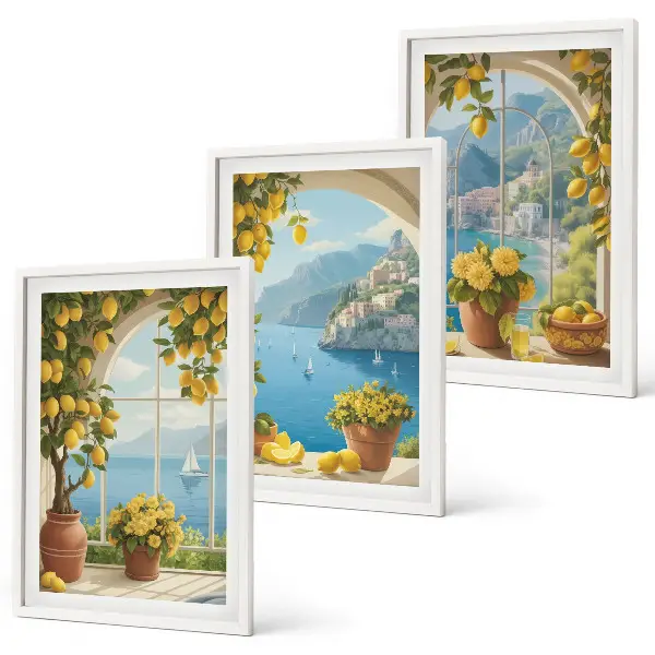 Composição de quadros moderna com paisagens do mar, limões e janelas