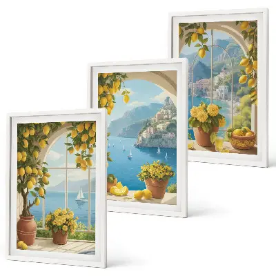 Composição de quadros moderna com paisagens do mar, limões e janelas