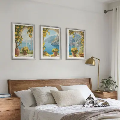 Composição de quadros moderna com paisagens do mar, limões e janelas