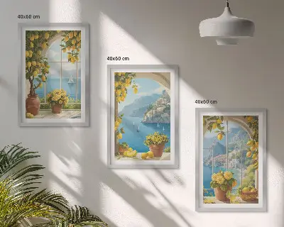 Composição de quadros moderna com paisagens do mar, limões e janelas