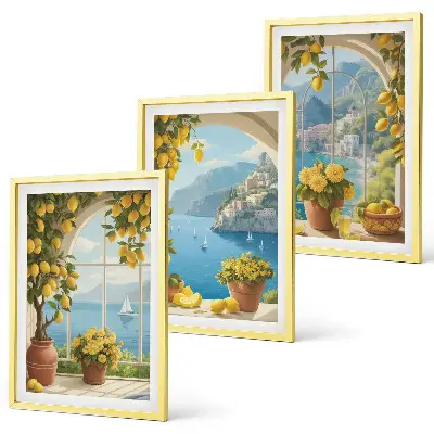 Composição de quadros moderna com paisagens do mar, limões e janelas