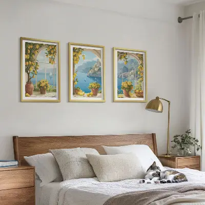 Composição de quadros moderna com paisagens do mar, limões e janelas