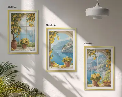Composição de quadros moderna com paisagens do mar, limões e janelas