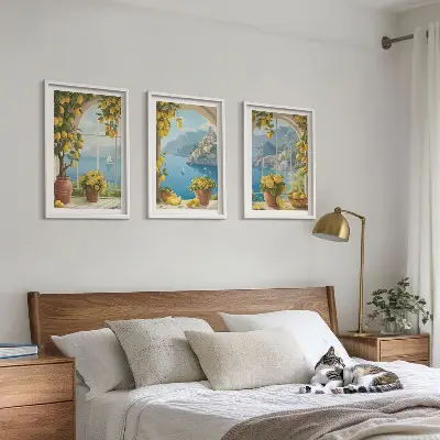 Composição de quadros moderna com paisagens do mar, limões e janelas