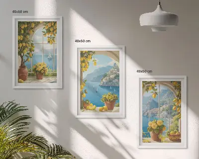 Composição de quadros moderna com paisagens do mar, limões e janelas