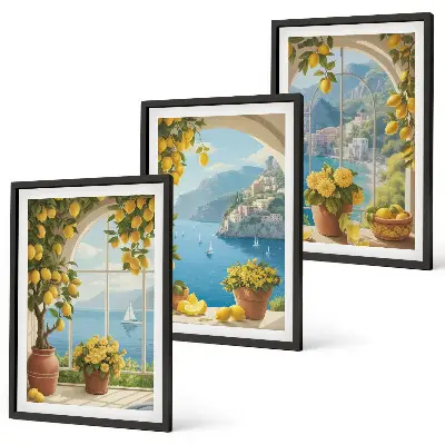 Composição de quadros moderna com paisagens do mar, limões e janelas