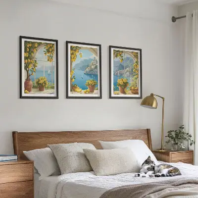 Composição de quadros moderna com paisagens do mar, limões e janelas