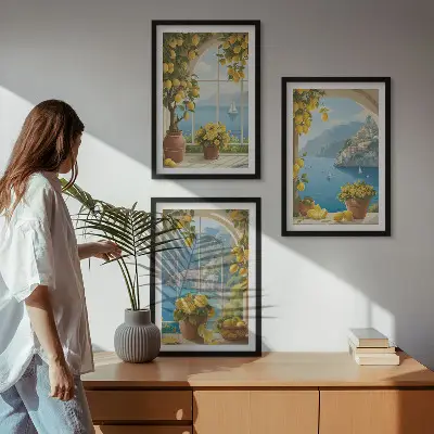 Composição de quadros moderna com paisagens do mar, limões e janelas